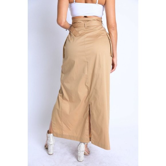 Women Asymmetric Self Belted Pockets Detailed Maxi Skirt Formal Casual Khaki - Picture 6 of 10